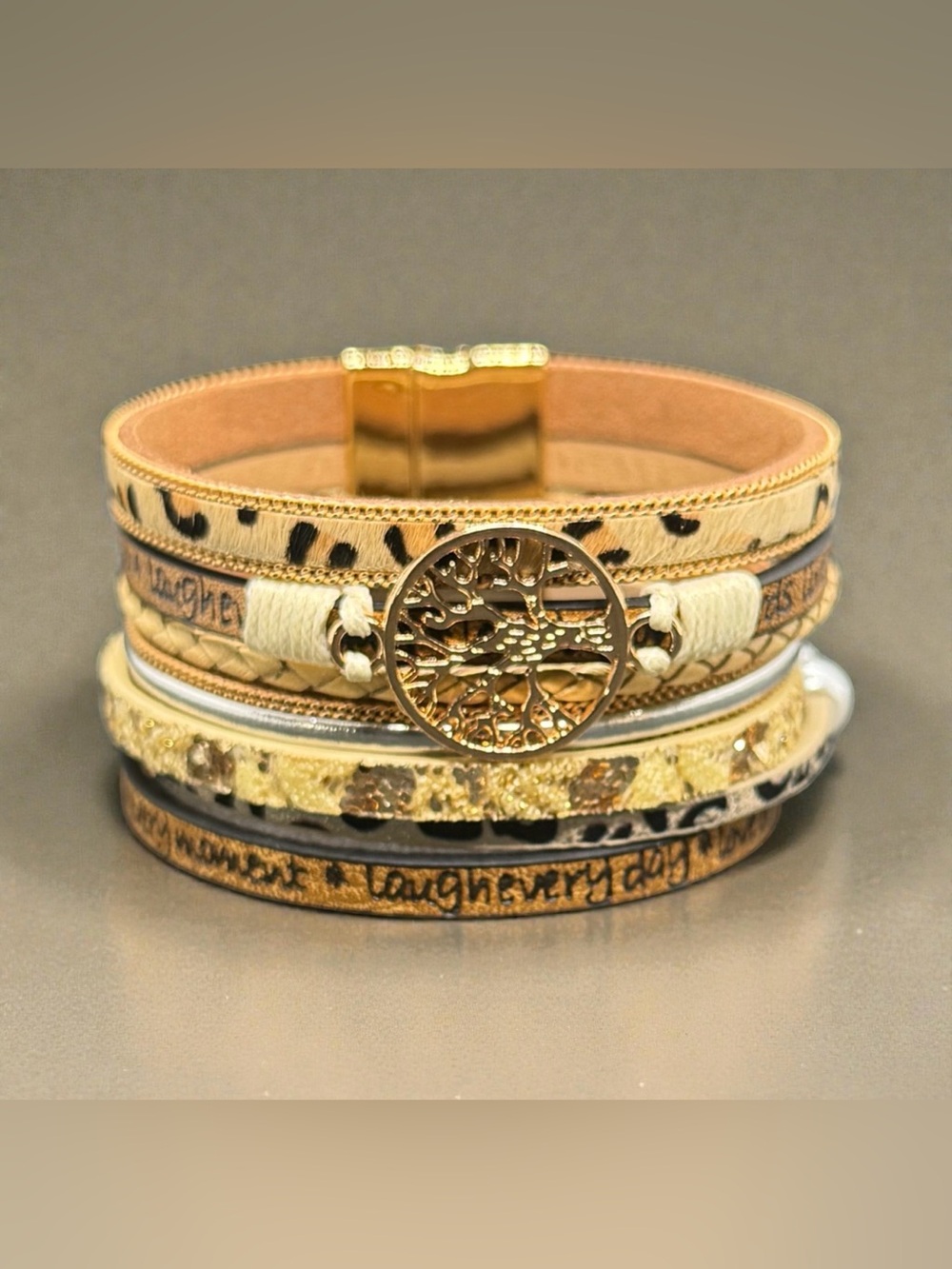 💛🤎Gold-Tone Tree of Life Multi-Strand Beige Faux Leather Bracelet/NWOT💛🤎